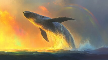 A massive whale soaring out of the sea, its tail curving elegantly, with a rainbow forming in the mist around it.