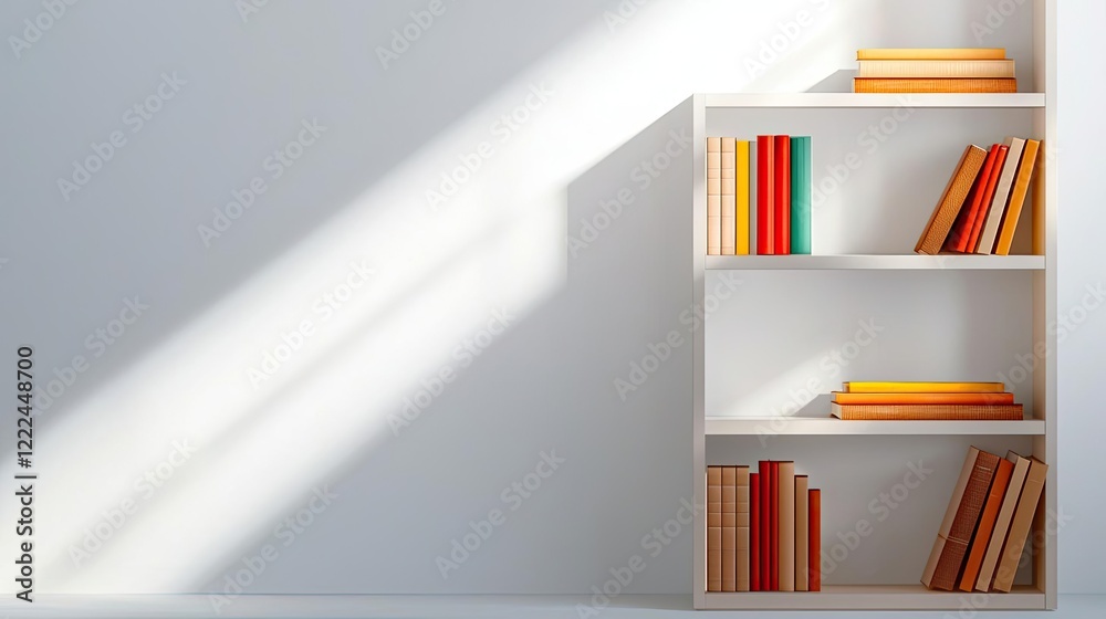Poster Natural lighting minimalist concept. Bright bookshelf filled with colorful books casting shadows in a minimalist space.
