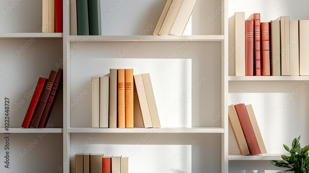 Poster natural lighting minimalist concept. a modern bookshelf filled with colorful books and greenery for 