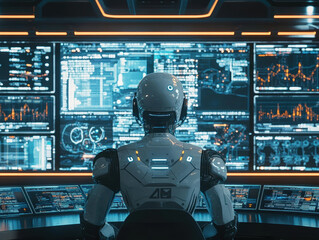 Futuristic AI control center featuring a humanoid operator surrounded by dynamic holograms showcasing critical data streams in ultra-realistic detail
