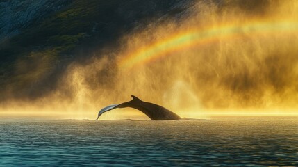 Fototapeta premium A massive whale soaring out of the sea, its tail curving elegantly, with a rainbow forming in the mist around it.