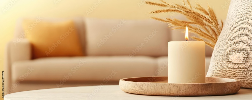 Poster eco-friendly materials minimalist idea. a soothing candle on a minimalistic table, creating a warm a