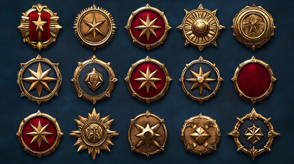 Fototapeta premium Cartoon set of gold game badges of different rank isolated on dark blue background. Vector illustration of round medals with star, red ribbon and golden metal textures. Collection of level awards