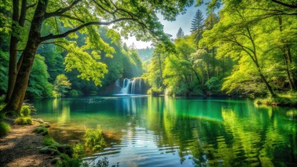 Serene Waterfall Cascading into a Vibrant Emerald Green Lake Surrounded by Lush Spring Foliage