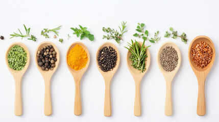 Spice Up Your Life:  A captivating arrangement of spices and herbs in wooden spoons, creating a vibrant tapestry of flavor and aroma.