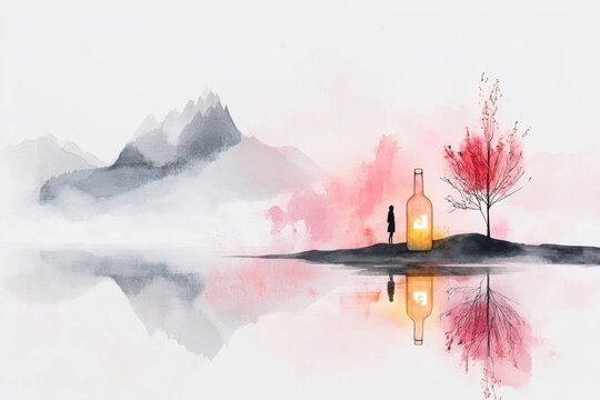 A whimsical watercolor scene of a person standing on a beach, captivated by a bottle washing ashore with a glowing message inside, surrounded by dreamy pastel hues