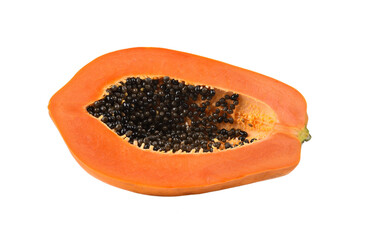 half of ripe papaya fruit with seeds isolated on transparen png. full depth of field
