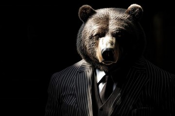 corporate grizzly bear in tailored pinstripe suit, emerging from shadows with piercing eyes and...