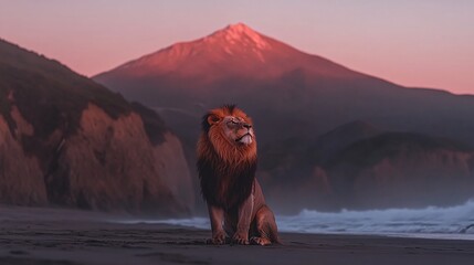 Majestic Lion on Beach with Mountain in the Background at Sunset