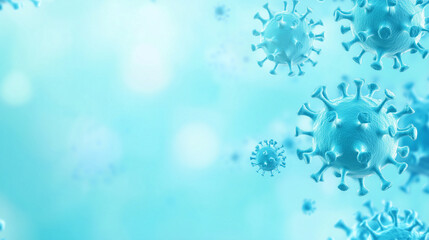 Naklejka premium Microscopic View of Virus: A close-up, digitally rendered illustration showcases numerous virus particles, highlighting their intricate structure against a soft, diffused blue background.