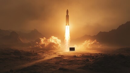 a realistic photo of a laptop on a modern, minimalistic desk with a rocketship taking off, looking as if the rocket is launching in the screen