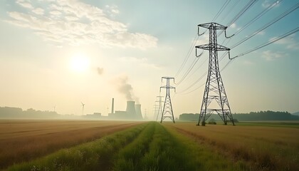 High-voltage power lines stretching across a field of wildflowers with a distant power plant emitting smoke under a bright sun.