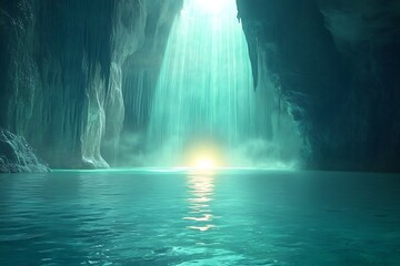 Flooded underground cave with dramatic lighting and reflections on still water.