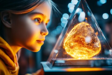 A woman in a museum, captivated by a glowing artifact in a dimly lit glass case, her expression one of wonder and curiosity