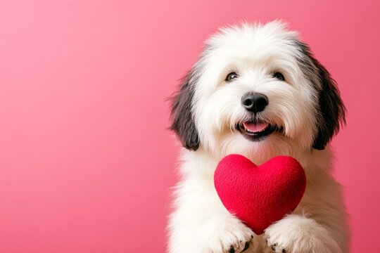 Cute old english sheepdog hound with furry friend toy red heart - sign of love, funny greeting card. Old english sheepdog - my beloved dog. Promotion visual idea. Animal friendship. Pet love.