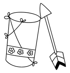 Boho Easter, simple outline of drum with floral decorations and spear