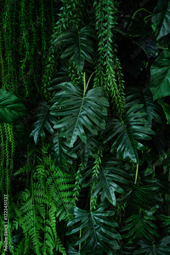 Fototapete Full Frame of Green Leaves Pattern Background, Nature Lush Foliage Leaf Texture, tropical leaf.