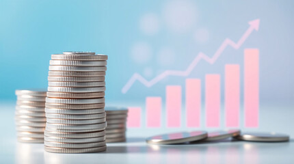 Financial Growth with Stacked Silver Coins and Rising Bar Charts on Blue Background