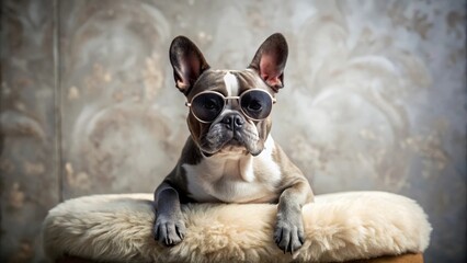 A French Bulldog wearing stylish sunglasses rests on a fluffy cushion, exuding a cool and confident demeanor.