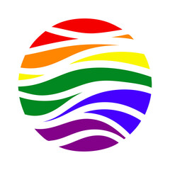 Logo lgbt. Mes del orgullo. Silueta aislada de círculo con líneas curvas como olas con los colores de la bandera arcoiris  © teracreonte
