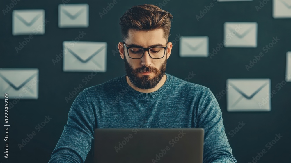 Poster focused man working on laptop in front of email background