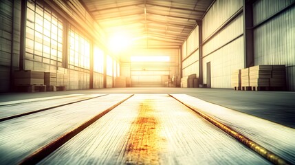 Rustic Wooden Tabletop in Sunlit Warehouse Interior