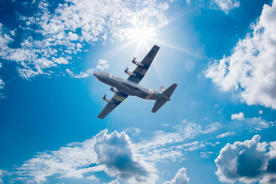 Wiesbaden Rhineland-Palatinate Germany June 15 2024: Practice flight of W7 aircraft in Wiesbaden. military transport aircraft. Lockheed Martin C-130J-30. German-American anniversary celebration event