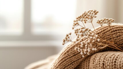 Obraz premium Eco-friendly materials minimalist idea. Cozy knitted blanket with dried flowers, creating a warm and inviting atmosphere indoors.