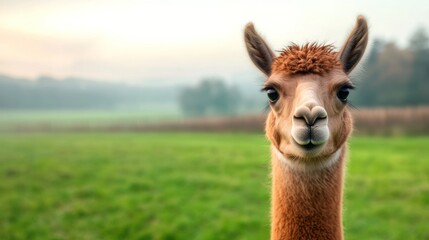 Obraz premium Curious alpaca grazing in a serene meadow rural landscape animal tranquil environment close-up perspective