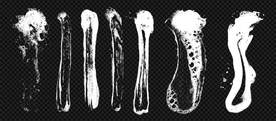 Grunge soap foam set with texture overlay. Wash sponge bubbles and shampoo smear. Liquid detergent drops on clean glass at the transparent background.