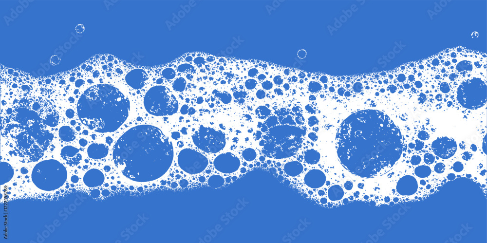 Poster Soap foam texture with blue background and grunge abstract pattern. Water wash bath with soapy bubbles, glass.