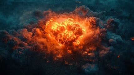 Dramatic Aerial View of Fiery Bomb Explosion Ripping Through Open Field
