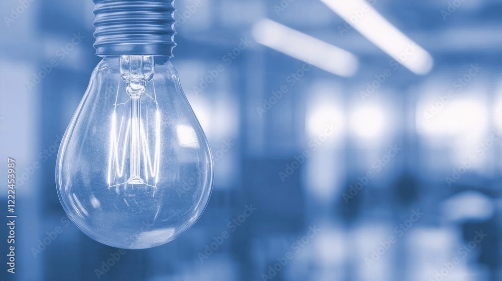 Aufkleber bright light bulb in modern workspace with soft blue background