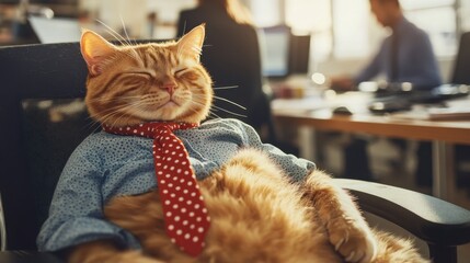 Apple 7 captured a fat orange cat sitting comfortably in an office chair, wearing a red and white polka dot tie and a blue shirt, sleeping on a table in front of a computer screen.