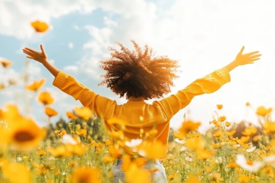 A woman spinning in a field of wildflowers, her arms outstretched and her face filled with pure joy under a sunny sky
