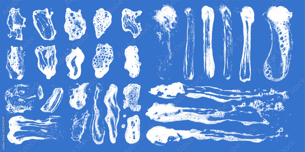 Poster soap texture foam with smear and splash in grunge set. blue background wash with sponge and water ov