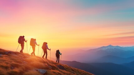 Hiking adventure at sunrise mountain range outdoor activity scenic view group perspective exploration