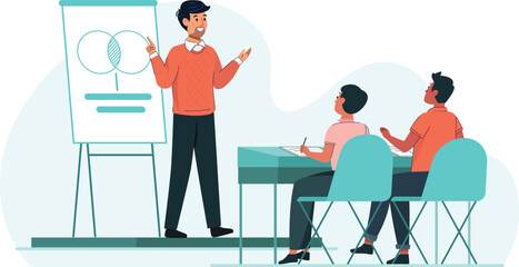 Classroom Lecture Illustration with Teacher and Students A teacher giving a lecture with students seated in rows and taking notes.