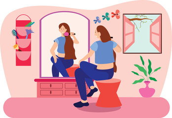 Dressing Room Illustration with Woman Brushing Hair A woman brushing her hair in front of a vanity mirror, with makeup and accessories around.