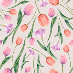 Obraz premium Tulips in delicate shades of pink and peach are hand-painted watercolor illustration on a beige background. Seamless pattern of spring flowers Fabric printing ornament, scrapbooking. Spring background