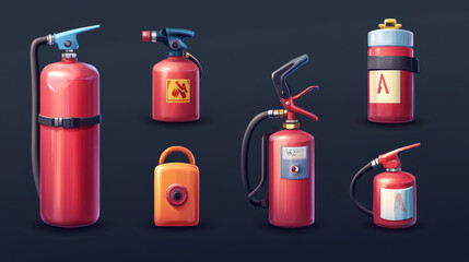 3d realistic fire extinguisher isolated vector icon. Water, powder and foam extinguish security type classifications set. Chemical fighter equipment. Emergency container tool for rescue with button