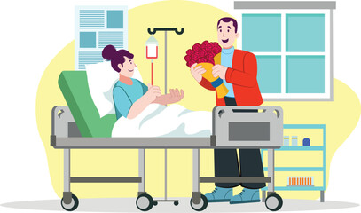 Hospital Illustration with Visitor Giving Flowers to Patient in Bed A heartwarming scene where a visitor gives flowers to a smiling patient in a hospital room.