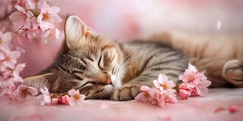 cat sleeping in cherry blossom flowers