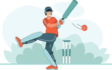 Illustration of a Cricketer Swinging the Bat in Action A cricketer mid-swing, hitting the ball towards the boundary, with a lively stadium backdrop.