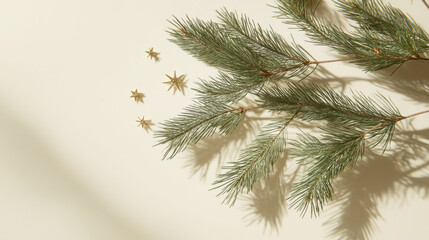 Obraz premium Festive holiday card design featuring green pine branch and gold stars