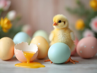 Creative Easter idea: fluffy chick among pastel and broken eggs with yolk on blurred floral wooden texture background.