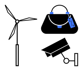 Wind turbine, handbag with price tag, surveillance camera. Ideal for themes of sustainability, fashion, retail, security, industry technology modern lifestyle. Black and blue abstract line flat