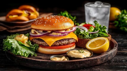 Cheeseburger meal handmade concept. A delicious cheeseburger with lettuce, tomato, onions, and sides of salad and lemon, served with a glass of water and pretzel bites.