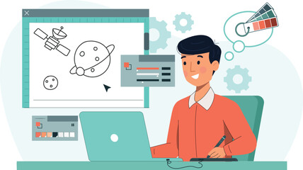 Male Graphic Designer Working on Space-Themed Digital Illustration A designer creating a digital space-themed masterpiece on a high-tech workstation.