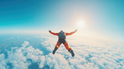 Adventurous skydiver leaping over clouds open sky action bright aerial view thrilling concept